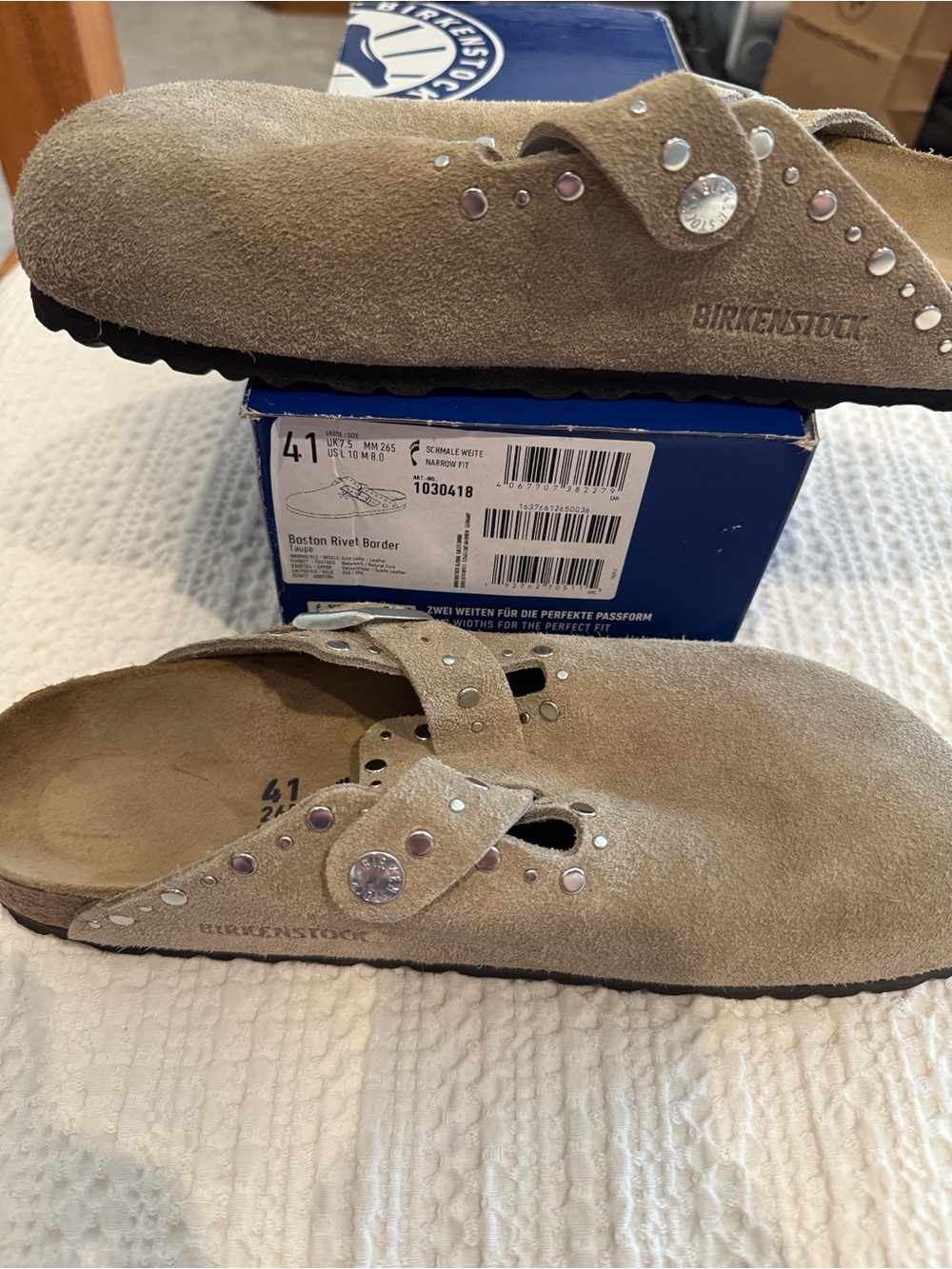 Birkenstock Boston Rivet Border Taupe Suede Studded Clogs
